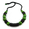 Statement Chunky Green/ Black Wood Bead with Black Cotton Cord Necklace - 60cm L