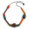 Multicoloured Geometric Wooden Bead Necklace with Black Cotton Cord - 80cm Long Adjustable