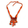 Tribal Wood/ Ceramic Bead Cotton Cord Necklace in Orange - 60cm Long/ 10cm Long Front Drop