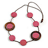 Long Pink/ Brown Round Bead Cotton Cord Necklace - 86cm Long - Adjustable