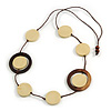 Light Cream/ Brown Coin Wood Bead Cotton Cord Necklace - 88cm Long - Adjustable