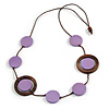 Lilac/ Brown Coin Wood Bead Cotton Cord Necklace - 88cm Long - Adjustable