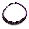 Deep Purple Button, Round Wood Bead Wire Necklace - 46cm L