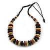Brown/ Natural/ Black Wood Button/ Round Bead Black Cotton Cord Necklace - 80cm Max Lenght - Adjustable