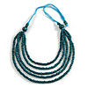 Teal Green Multistrand Layered Wood Bead with Cotton Cord Necklace - 90cm Max length- Adjustable