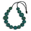 Geometric Washed Teal Green Coloured Coin Wood Bead Black Cord Necklace - 84cm Long Adjustable