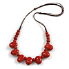 Red Oval/ Round Ceramic Bead Brown Silk Cords Necklace 60-70cm L/ Adjustable