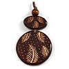 Long Cotton Cord Wooden Pendant with Feather Pattern In Dark Brown - 76cm L