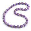 Lilac Purple Painted Wood and Silver Tone Acrylic Bead Long Necklace - 70cm L