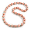 Pastel Pink Painted Wood and Silver Tone Acrylic Bead Long Necklace - 70cm L