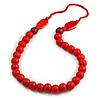 Long Red Painted Wooden Bead Cord Long Necklace - 80cm L