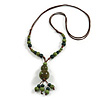 Green Shades Ceramic Bead Tassel Necklace with Brown Silk Cord/ 70-80cmL/ Adjustable