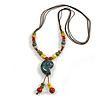 Multicoloured Ceramic Bead Sea Shell Tassel Necklace with Brown Silk Cord/ 66-80cmL/ Adjustable