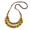 Dusty Yellow Ceramic Layered Brown Silk Cord Necklace - 60-70cm L/ Adjustable