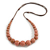 Dusty Pink Ceramic Bead Brown Silk Cords Necklace - Adjustable - 60cm to 70cm Long