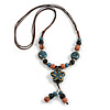 Blue/ Pink Oval/ Round Ceramic Bead Flower Tassel Necklace with Brown Silk Cord/ 70-80cmL/ Adjustable