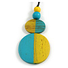 Double Bead Yellow/ Turquoise Washed Wood Pendant with Black Cotton Cord - 80cm Max/ 12cm Pendant