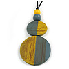 Double Bead Antique Yellow/ Grey Washed Wood Pendant with Black Cotton Cord - 80cm Max/ 12cm Pendant