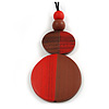 Double Bead Red/ Brown Washed Wood Pendant with Black Cotton Cord - 80cm Max/ 12cm Pendant