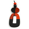 O-Shape Black/ Orange Painted Wood Pendant with Black Cotton Cord - 88cm L/ 13cm Pendant