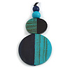 Double Bead Blue/ Turquoise Washed Wood Pendant with Black Cotton Cord - 80cm Max/ 12cm Pendant