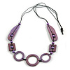 Long Geometric Lilac Purple Painted Wood Bead Black Cord Necklace - 100cm Max/ Adjustable