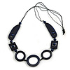 Long Geometric Dark Blue Painted Wood Bead Black Cord Necklace - 100cm Max/ Adjustable