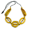 Long Geometric Antique Yellow Painted Wood Bead Black Cord Necklace - 90cm Max/ Adjustable