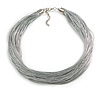 Metallic Silver Multistrand Silk Cord Necklace In Silver Tone - 50cm L/ 7cm Ext