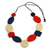 Long Geometric Wood Bead Necklace with Black Cotton Cord in Blue/Red/Cream - 110cm Max/Adjustable