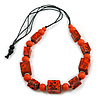 Chunky Orange with Animal Print Cube and Ball Wood Bead Cord Necklace - 90cm Max