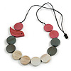 Pink/Grey/Antique White Wooden Coin Bead and Bird Black Cotton Cord Long Necklace/ 96cm Max Length/ Adjustable