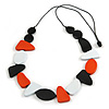 Geometric Wood Bead Black Cotton Cord Long Necklace In Orange/Black/White/ 110cm L/ Adjustable