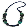Geometric Painted Wooden Bead Long Necklace in Dark Blue, Teal, Grey - 90cm Long