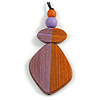 Orange/Lilac Geometric Wood Pendant Black Waxed Cotton Cord - 80cm L Max/ 13cm