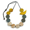 Yellow/Grey/Antique White Wooden Coin Bead and Bird Black Cotton Cord Long Necklace/ 96cm Max Length/ Adjustable