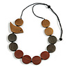 Dark Grey/Brown/Bronze Wooden Coin Bead and Bird Black Cotton Cord Long Necklace/ 96cm Max Length/ Adjustable