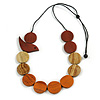 Brown/Natural/Orange Wooden Coin Bead and Bird Black Cotton Cord Long Necklace/ 96cm Max Length/ Adjustable
