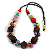 Multicoloured Ceramic/ Wood Bead Cotton Cord Necklace - 80cm Max Length Adjustable