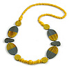 Geometric Painted Wooden Bead Long Necklace Yellow, Grey - 90cm Long