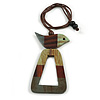 Mint/Brown/Grey Bird and Triangular Wooden Pendant Brown Cotton Cord Long Necklace - 90cm L/ 11cm Pendant