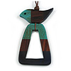 Turquoise/Brown/Dark Blue Bird and Triangular Wooden Pendant Brown Cotton Cord Long Necklace - 90cm L/ 11cm Pendant