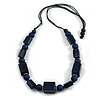Chunky Dark Blue with Animal Print Cube and Ball Wood Bead Cord Necklace - 90cm Max