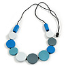 Blue/Grey/White Wooden Coin Bead Black Cotton Cord Necklace/ 88cm Max Lenght/ Adjustable