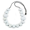 White Coin Wood Bead Cotton Cord Long Necklace - 100cm Long (Max Length)