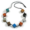 Multicoloured Wood Cube Bead Black Cotton Cord Necklace - 80cm Max L/ Adjustable