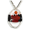 Orange/Black/Red Glass Bead Black Cotton Cord Oval Pendant Double Chain In Silver Tone - 46cm L/ 7cm Ext