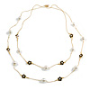 Delicate Double Strand Faux Pearl Bead and Black Enamel Flower Gold Tone Chain Necklace/96cm L
