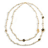 Faux Pearl White Bead With White/Black Enamel Daisy Motif Double Chain Long Necklace in Gold Tone - 86cm L
