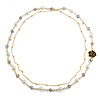 Faux White Pearl Grey Glass Bead With Black Enamel Rose Motif Double Chain Long Necklace in Gold Tone - 84cm L